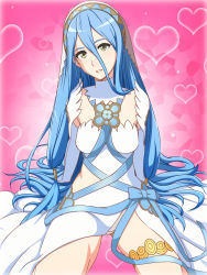 Rule 34 | 1girl, azura (fire emblem), blue hair, breasts, detached collar, dress, fire emblem, fire emblem fates, heart, highres, legs, long hair, looking at viewer, nintendo, panties, pantyshot, parted lips, simple background, sitting, small breasts, smile, solo, thighs, underwear, very long hair, white dress, yellow eyes, yuki (12cut)
