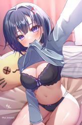 Rule 34 | 1girl, arm up, bed sheet, black bra, black panties, blush, bow, bow bra, bow panties, bra, breasts, cat-shaped pillow, cleavage, clothes lift, grey sweater, hair ornament, hairclip, itoi toi, large breasts, lifting own clothes, long sleeves, looking at viewer, mouth hold, on bed, original, outstretched arm, panties, pillow, purple bow, purple eyes, purple hair, selfie, short hair, signature, sitting, skindentation, smile, solo, sweater, sweater lift, twitter username, underwear