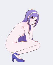Rule 34 | 00s, 1girl, aono miki, breasts, female focus, fresh precure!, from side, hair ornament, hairband, head rest, high heels, long hair, looking at viewer, navel, nipples, nude, precure, purple eyes, purple hair, shoes, simple background, small breasts, smile, solo, squatting, unpale