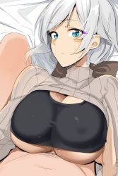 Rule 34 | 1boy, 1girl, architect (frame arms girl), blue eyes, blush, breasts, closed mouth, clothed female nude male, clothes lift, doko tetora, feet, frame arms girl, grey hair, grey sweater, handsfree paizuri, hetero, huge breasts, looking at viewer, lying, male pubic hair, navel, nude, on back, paizuri, paizuri under clothes, pov, pov crotch, pov legs, pubic hair, ribbed sweater, straddling, straddling paizuri, sweat, sweater, sweater lift