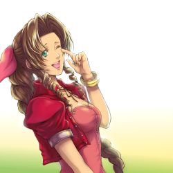Rule 34 | 1girl, aerith gainsborough, bracelet, braid, breasts, brown hair, buttons, choker, cleavage, cropped jacket, curly hair, dress, final fantasy, final fantasy vii, garakuta (chika), jacket, jewelry, necklace, pink dress, popo (popochan-f), red jacket, ribbon, simple background, solo, square enix