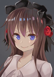 Rule 34 | &gt;:), 1girl, aibumi, bad id, bad pixiv id, blue eyes, brown hair, flower, grey background, hair flower, hair ornament, hairband, lolita hairband, long hair, looking at viewer, original, red flower, red rose, rose, solo, upper body, v-shaped eyebrows