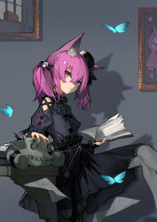 Rule 34 | 1girl, absurdres, animal ears, arknights, black dress, book, bug, butterfly, clay (clayjun), closed mouth, corrupted metadata, doll, dress, fox ears, fox girl, gothic lolita, hat, highres, holding, holding book, insect, lolita fashion, official alternate costume, pantyhose, purple eyes, purple hair, shamare (arknights), shamare (echo of the horrorlair) (arknights), solo, twintails