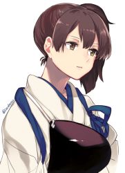 Rule 34 | 10s, 1girl, brown eyes, brown hair, deco (geigeki honey), japanese clothes, kaga (kancolle), kantai collection, long hair, muneate, side ponytail, simple background, smile, solo, upper body