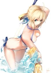 Rule 34 | 1girl, ahoge, artoria pendragon (all), artoria pendragon (fate), artoria pendragon (swimsuit archer) (first ascension) (fate), back, blonde hair, blue eyes, breasts, butt crack, cleavage, dual wielding, excalibur (fate/stay night), eyebrows, fate/grand order, fate (series), genyaky, green eyes, holding, holding sword, holding weapon, looking at viewer, medium breasts, navel, saber (fate), simple background, smile, solo, swimsuit, sword, wading, water, water gun, weapon, white background