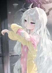 Rule 34 | 1girl, :o, ahoge, blue archive, blush, cardigan, commentary request, crossed arms, dressing, from side, grey hair, hair between eyes, hair down, halo, hina (blue archive), hina (pajamas) (blue archive), horns, karasu-san (syh3iua83), long hair, mechanical halo, off shoulder, open cardigan, open clothes, pajamas, parted lips, pink pajamas, polka dot, polka dot pajamas, purple eyes, reflection, sleepwear, slit pupils, solo, upper body, very long hair, wavy hair, window, yellow cardigan