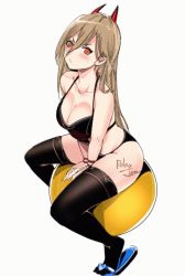 Rule 34 | + +, 1girl, alternate breast size, artist name, ball, bare shoulders, between legs, black panties, black thighhighs, blush, bracelet, breasts, brown hair, chainsaw man, cleavage, closed mouth, collarbone, cross-shaped pupils, flip-flops, from above, hand between legs, horns, jewelry, large breasts, long hair, looking at viewer, looking up, panties, power (chainsaw man), red eyes, relaxjon, sandals, sitting, solo, sports bra, symbol-shaped pupils, thighhighs, underwear, v-shaped eyebrows, very long hair