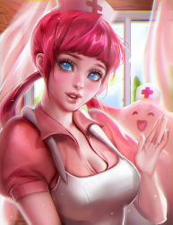 Rule 34 | 1girl, :d, ^ ^, blue eyes, breasts, chansey, cleavage, closed eyes, creatures (company), curtains, closed eyes, game freak, gen 1 pokemon, hat, highres, joy (pokemon), large breasts, nintendo, nurse cap, open mouth, pink hair, pokemon, pokemon (creature), sakimichan, smile, teeth, twintails