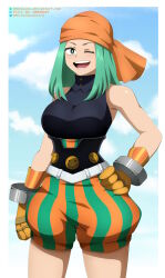 Rule 34 | 1girl, absurdres, armpits, arms at sides, artist name, bandana, bare arms, bare shoulders, black shirt, boku no hero academia, bracelet, breasts, cloud, collared shirt, day, eyelashes, female focus, gloves, green eyes, green hair, hand on own hip, happy, high-waist shorts, high collar, highres, iharuluna, jewelry, large breasts, legs, long hair, looking at viewer, ms. joke, neck, one eye closed, open mouth, orange bandana, outdoors, shiny skin, shirt, short shorts, shorts, sky, sleeveless, sleeveless shirt, smile, smiley face, standing, striped clothes, striped gloves, striped shorts, thighs, wink