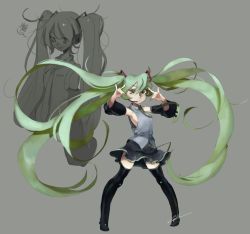 Rule 34 | 1girl, absurdly long hair, arm tattoo, arms up, artist name, bare shoulders, black footwear, black skirt, black sleeves, black thighhighs, blush, boots, breasts, closed mouth, collared shirt, detached sleeves, double fox shadow puppet, earpiece, female focus, fox shadow puppet, full body, green hair, green nails, green necktie, grey background, grey shirt, hair between eyes, hair ornament, half-closed eyes, hatsune miku, legs apart, light blush, long hair, long sleeves, looking at viewer, miniskirt, multiple views, nail polish, necktie, partially colored, pigeon-toed, pleated skirt, shirt, sideboob, sidelocks, signature, simple background, skirt, sleeveless, sleeveless shirt, small breasts, spoken squiggle, squiggle, standing, tattoo, thigh boots, thighhighs, twintails, upper body, very long hair, vocaloid, wide sleeves, zambiie, zettai ryouiki