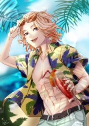 Rule 34 | 1boy, abs, belt, blonde hair, cup, eyewear on head, fang, glasses, grey eyes, highres, holding, holding cup, leaf print, long hair, maple leaf print, muscular, muscular male, navel, nndecc, open clothes, open mouth, open shirt, pants, sano manjirou, shirt, solo, stomach, sunglasses, tokyo revengers, yellow shirt