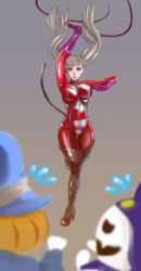 Rule 34 | 1girl, blue eyes, bodysuit, boots, breasts, cat tail, catsuit, cleavage, cleavage cutout, clothing cutout, fake tail, flying sweatdrops, full-length zipper, full body, gloves, grey background, high heel boots, high heels, highres, holding, holding whip, jack frost (megami tensei), jamjamstyle, large breasts, lipstick, makeup, no mask, open mouth, persona, persona 5, pink gloves, platinum blonde hair, pyro jack, red footwear, red lips, simple background, smile, standing, standing on one leg, swept bangs, tail, takamaki anne, thigh boots, thighhighs, twintails, zipper