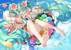 Rule 34 | 1girl, :d, aqua eyes, aqua hair, aqua necktie, arm up, armpits, bare legs, barefoot, blue flower, blue rose, blush, braid, commentary request, detached sleeves, dress, feet, flower, from below, full body, green flower, green nails, green rose, hair between eyes, hair flower, hair ornament, hair ribbon, hand up, hatsune miku, headset, highres, holding, holding microphone, long hair, long sleeves, looking at viewer, magical mirai (vocaloid), magical mirai miku, magical mirai miku (2021), meion, microphone, nail polish, necktie, open mouth, orange flower, orange rose, petals, pink flower, pink rose, purple flower, purple rose, red flower, red ribbon, red rose, revision, ribbon, rose, smile, soles, solo, spring onion, thighhighs, toenail polish, toenails, toes, twintails, very long hair, vocaloid, white dress, white flower, white rose, wide sleeves