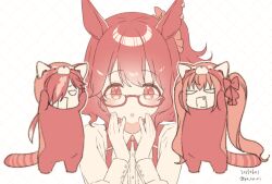 Rule 34 | :o, animal ears, aston machan (umamusume), bow, brown hair, brown theme, chibi, collared shirt, commentary request, daiwa scarlet (umamusume), dated, dotted line, fang, hair bow, hair over one eye, hands up, hood, hood up, horse ears, koruri, long hair, monochrome, multicolored hair, one side up, open mouth, parted lips, raccoon costume, raccoon ears, raccoon tail, red bow, shirt, streaked hair, striped tail, suspenders, tail, twintails, twitter username, umamusume, very long hair, vodka (umamusume), white background, white shirt
