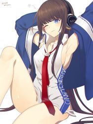 Rule 34 | 1girl, armpits, arms up, azur lane, bad id, bad twitter id, blue eyes, blush, breasts, brown hair, commentary request, fucodoku, headphones, long hair, long island (azur lane), long sleeves, medium breasts, necktie, one eye closed, sitting, sleeves past wrists, solo, very long hair, white background