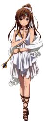 Rule 34 | 10s, 1girl, ankle lace-up, artist request, bare shoulders, bracelet, brown eyes, brown hair, chuunibyou demo koi ga shitai!, cross-laced footwear, dress, full body, gladiator sandals, hair ornament, hairclip, highres, jewelry, looking at viewer, necklace, nibutani shinka, sandals, scepter, sleeveless, sleeveless dress, solo, standing, white background, white dress
