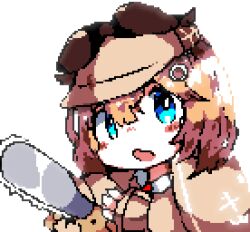 Rule 34 | 1girl, blonde hair, blue eyes, bob cut, brown capelet, brown coat, bubba (watson amelia), capelet, chainsaw, chainsaw man, coat, cosplay, deerstalker, downvote (downvote me), hat, holding, holding chainsaw, hololive, hololive english, looking at viewer, medium hair, open mouth, pixel art, pochita (chainsaw man), pochita (chainsaw man) (cosplay), simple background, virtual youtuber, watson amelia, white background