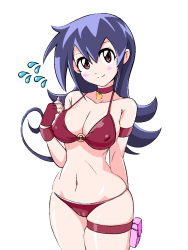Rule 34 | bikini, blush, breasts, cameltoe, choker, cleavage, curvy, deck of cards, duel masters, fingerless gloves, gloves, large breasts, looking at viewer, neck bell, nipples, pouch, purple hair, red bikini, shiny skin, simple background, skindentation, smile, solo, standing, swimsuit, tasogare mimi, thick thighs, thigh pouch, thigh strap, thighs, thong bikini, wagonsalezzz, white background, wide hips