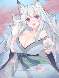 Rule 34 | 1girl, :d, alcohol, animal ear fluff, animal ears, bare shoulders, blue kimono, blush, borrowed character, bottle, breasts, byakusen (amabiko kote), cherry, cherry blossoms, cleavage, collarbone, cup, day, dripping, food, fox ears, fox girl, fox tail, fruit, highres, japanese clothes, kimono, large breasts, long hair, looking at viewer, multiple tails, nose blush, obi, off shoulder, open mouth, original, outdoors, petals, purple eyes, sakazuki, sake, sake bottle, sash, sawara (starligtvision), silver hair, sky, smile, solo, tail, tokkuri, very long hair