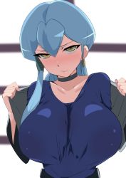 Rule 34 | 1girl, aqua hair, blue hair, blue shirt, blush, breasts, cardfight!! vanguard, choker, closed mouth, collarbone, embarrassed, female focus, gillian chen, hair between eyes, hands up, indoors, jacket, large breasts, long hair, looking at viewer, oda koziki, shirt, signature, solo, undressing, upper body, window, yellow eyes