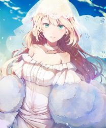 Rule 34 | 1girl, alternate costume, bare shoulders, blonde hair, blue eyes, blue sky, blush, breasts, bridal veil, choker, cleavage, cloud, collarbone, day, dress, earrings, g36 (girls&#039; frontline), girls&#039; frontline, gloves, jewelry, lace-trim, lace-trimmed choker, lace trim, light particles, long hair, looking at viewer, medium breasts, parted lips, pendant, petals, shawl, sidelocks, sky, smile, solo, strapless, strapless dress, veil, wedding dress, white gloves, wind, wind lift, yuizayomiya