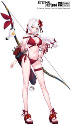 Rule 34 | 1girl, bare legs, bikini, black survival, bow (weapon), braid, breasts, c.honey, capelet, cleavage, criss-cross halter, eternal return: black survival, floating hair, flower, gluteal fold, hair flower, hair ornament, hair ribbon, halterneck, hand on own hip, hibiscus, highres, large breasts, long hair, looking at viewer, minami rio, multi-strapped bikini, navel, o-ring, o-ring bikini, official art, parted lips, quiver, red bikini, ribbon, sandals, see-through, simple background, single braid, solo, stomach, string bikini, swimsuit, tachi-e, thigh strap, thighs, tress ribbon, weapon, white background, white hair, yellow eyes, yumi (bow)