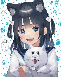 Rule 34 | 1girl, :d, absurdres, animal ear fluff, animal ears, black hair, blouse, blue eyes, blue sailor collar, cat day, cat ears, cat hair ornament, commentary, fang, hair ornament, highres, long hair, long sleeves, looking at viewer, mashiro kta, nyan, open mouth, original, paw-shaped pupils, sailor collar, school uniform, serafuku, shirt, sleeves past wrists, smile, solo, symbol-shaped pupils, teeth, two side up, upper body, upper teeth only, white background, white shirt