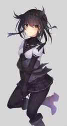 Rule 34 | 10s, 1girl, ahoge, armor, armored boots, belt, black eyes, black gloves, black hair, black necktie, black pantyhose, boots, breasts, breasts squeezed together, buttons, elbow gloves, expressionless, gloves, grey background, grey footwear, hair between eyes, hair flaps, hairband, hatsuzuki (kancolle), highres, kantai collection, knee boots, leg up, looking at viewer, metindone, necktie, pantyhose, pleated skirt, puffy short sleeves, puffy sleeves, sailor collar, school uniform, serafuku, shirt, short hair, short sleeves, simple background, skirt, small breasts, solo, spread fingers, tsurime, two side up, underbust, walking, white shirt