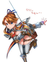 Rule 34 | 1girl, armor, belt, blue eyes, book, boots, breasts, character name, cleavage, cowboy shot, earrings, epee, falcom, frills, hair ribbon, jewelry, kumakosion, laxia (ys), long sleeves, looking at viewer, open mouth, orange hair, ribbon, short hair, solo, sword, thigh boots, thighhighs, weapon, white background, ys, ys viii lacrimosa of dana, zettai ryouiki