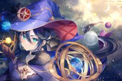 1girl aqua_eyes black_bow blue_eyes blue_hair bow cape capelet celestial_globe cloud cloudy_sky crescent emblem expressionless fujimori_shiki genshin_impact gloves hair_between_eyes hand_up hat hat_bow highres long_hair looking_at_viewer mona_(genshin_impact) moon planet purple_cape purple_capelet purple_hat red_hat sidelocks sky solo star_(sky) star_(symbol) starry_sky starry_sky_background twintails twitter_username two-sided_fabric two-sided_headwear upper_body very_long_hair witch_hat