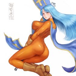 Rule 34 | 1girl, ass, breasts, dragon quest, dragon quest iii, large breasts, latex, latex suit, long hair, priest (dq3), shiny clothes, skin tight