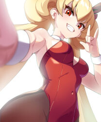 Rule 34 | 1girl, alternate costume, bare shoulders, blonde hair, breasts, centur-ion primera, cleavage, commentary request, covered navel, duel monster, ebi bento, korean commentary, leotard, medium breasts, pantyhose, playboy bunny, red eyes, red leotard, selfie, shaka sign, sideboob, smile, solo, teeth, twintails, wrist cuffs, yu-gi-oh!