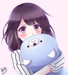 Rule 34 | 1girl, absurdres, blush, covering own mouth, highres, hugging object, kud-wafwaf, long sleeves, looking at viewer, original, pink background, purple eyes, purple hair, shirt, short hair, signature, simple background, solo, striped clothes, striped shirt, stuffed animal, stuffed toy, upper body