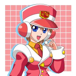 Rule 34 | 1girl, arure, blue eyes, breasts, brown hair, collared shirt, drop shadow, earpiece, grid background, hat, jacket, looking at viewer, medium breasts, necktie, orange shirt, red hat, red jacket, red necktie, robot ears, shirt, short hair, smile, solo, t-ai (transformers), transformers, transformers car robots, upper body