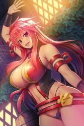 Rule 34 | 1girl, arm strap, belt, black panties, breasts, cleavage, hand up, highleg, highleg panties, indoors, large breasts, long hair, looking at viewer, navel, night, official art, open mouth, panties, pink eyes, queen&#039;s blade, queen&#039;s blade unlimited, queen&#039;s blade white triangle, red hair, revealing clothes, risty (queen&#039;s blade), solo, tan, turtleneck, underwear, vambraces