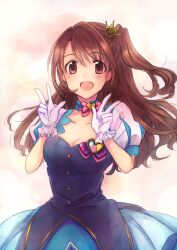 Rule 34 | 1girl, blue choker, blurry, blurry background, blush, bow, bowtie, breasts, brown eyes, brown hair, choker, cleavage, cleavage cutout, clothing cutout, collarbone, dot nose, double w, frilled gloves, frills, gloves, gradient background, hair bow, hair ornament, hands up, highres, idolmaster, idolmaster cinderella girls, idolmaster cinderella girls starlight stage, long hair, looking at viewer, maco (munya), medium breasts, multicolored background, one side up, open mouth, pink bow, pink bowtie, shimamura uzuki, short sleeves, smile, solo, two-tone dress, upper body, w, white gloves