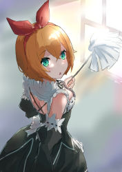 Rule 34 | 1girl, back bow, black skirt, black sleeves, blonde hair, blush, bow, bow hairband, detached sleeves, green eyes, hair between eyes, hair bow, hairband, highres, holding, ito t20a, looking at viewer, open mouth, petra leyte, re:zero kara hajimeru isekai seikatsu, red bow, red hairband, ribbon-trimmed sleeves, ribbon trim, roswaal mansion maid uniform, short hair, shoulder blades, skirt, solo, standing, white bow