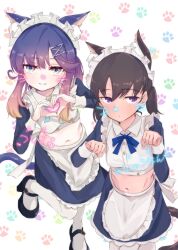 Rule 34 | 2girls, alakoala, alternate costume, animal ears, apron, black hair, blue shirt, cat ears, cat tail, commentary request, enmaided, frilled apron, frills, gradient hair, heart, heart hands, highres, kantai collection, maid, maid headdress, midriff, multicolored hair, multiple girls, orange hair, pantyhose, paw pose, paw print, paw print background, purple eyes, purple hair, shirt, short hair, short hair with long locks, shounan (kancolle), sidelocks, smile, tail, tsushima (kancolle), twintails, whiskers, white apron, white pantyhose