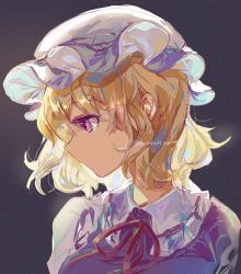 Rule 34 | 1girl, ayatsuki sugure, black background, blonde hair, commentary request, dress, frilled shirt collar, frills, hat, highres, looking to the side, maribel hearn, mob cap, portrait, purple dress, purple eyes, red neckwear, red ribbon, ribbon, short hair, simple background, solo, touhou, twitter username, upper body