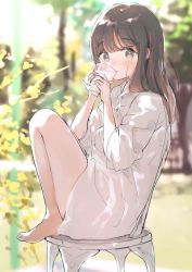 Rule 34 | 1girl, barefoot, black hair, blurry, blurry background, blush, cup, drinking, drinking glass, female focus, grey eyes, holding, holding cup, long hair, looking at viewer, m ydayo, original, outdoors, oversized clothes, oversized shirt, shirt, sitting, solo, water