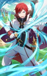 Rule 34 | 1boy, blue eyes, fighting stance, gloves, high collar, highres, holding, holding sword, holding weapon, long sleeves, looking at viewer, magic, male focus, official art, outdoors, pants, re:zero kara hajimeru isekai seikatsu, re:zero kara hajimeru isekai seikatsu: lost in memories, red hair, reinhard van astrea, short hair, smile, standing, standing on one leg, sword, uniform, weapon, white gloves, white pants
