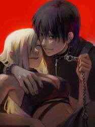 Rule 34 | 1boy, 1girl, arm around shoulder, black eyes, black hair, black nails, blonde hair, blue eyes, boruto: naruto next generations, breasts, chain, cleavage, collar, commentary, ear piercing, earrings, english commentary, femdom, grin, hetero, highres, holding, holding chain, husband and wife, jewelry, long hair, looking at viewer, medium breasts, naruto (series), navel, piercing, red background, red lips, sai (naruto), short hair, smile, xmonday mintx, yamanaka ino, zipper