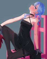 Rule 34 | 1girl, bare shoulders, black dress, black gloves, black pantyhose, blue eyes, blue hair, breasts, chair, criss-cross halter, dress, earrings, fishnet gloves, fishnets, from side, gloves, halterneck, head back, high heels, highres, holding, holding shoes, hololive, hoshimachi suisei, jewelry, leg up, loeldrive, looking at viewer, medium hair, pantyhose, parted lips, red footwear, shoes, short dress, simple background, sitting, small breasts, solo, star (symbol), star earrings, star in eye, symbol in eye, thigh strap, virtual youtuber
