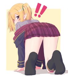 Rule 34 | !, !!, 1girl, all fours, black socks, blazer, blonde hair, chloe (princess connect!), commentary request, from behind, full body, hair tie, hood, hooded coat, jacket, kawazu kento, kneehighs, looking at viewer, looking back, miniskirt, on ground, plaid, plaid skirt, pleated skirt, pointy ears, princess connect!, shadow, simple background, skirt, socks, solo, thighs, twintails, white background