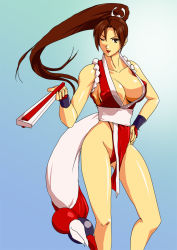 Rule 34 | 1girl, ;d, bare arms, bare legs, bare shoulders, breasts, brown eyes, brown hair, cleavage, collarbone, fatal fury, female focus, folded fan, folding fan, gradient background, groin, hand fan, hand on own hip, hand up, highleg, highleg panties, highres, holding, holding fan, image sample, japanese clothes, large breasts, legs, lips, long hair, looking at viewer, matching hair/eyes, neck, one eye closed, open mouth, panties, pelvic curtain, pixiv sample, ponytail, red panties, revealing clothes, sash, shiny skin, shiranui mai, smile, snk, solo, standing, tasuki, the king of fighters, underwear, white tasuki, wink, wristband