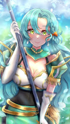 Rule 34 | 1girl, aqua hair, armor, bow, breastplate, breasts, chloe (fire emblem), cleavage, commentary, elbow gloves, fire emblem, fire emblem engage, gloves, green eyes, green skirt, hair between eyes, hair bow, highres, holding, large breasts, long hair, looking at viewer, nintendo, orange bow, otorip, pauldrons, shoulder armor, skirt, smile, solo, upper body, very long hair, white gloves