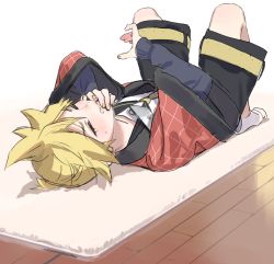 Rule 34 | 1boy, black collar, black shorts, blonde hair, cellphone, closed eyes, collar, commentary, hand to own mouth, hanten (clothes), jacket, japanese clothes, kagamine len, lying, male focus, nail polish, naoko (naonocoto), necktie, on back, phone, red jacket, rug, sailor collar, school uniform, shirt, short ponytail, shorts, smartphone, socks, solo, spiked hair, tears, vocaloid, white shirt, wooden floor, yellow nails, yellow necktie