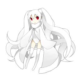 Rule 34 | 1girl, long hair, original, rapizuri, red eyes, simple background, solo, thighhighs, transparent background, twintails, very long hair, vocaloid, white hair