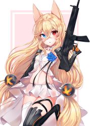 Rule 34 | 1girl, :o, animal ears, asymmetrical legwear, barcode, barcode tattoo, blue eyes, blush, g41 (girls&#039; frontline), girls&#039; frontline, gun, h&amp;k g41, hair between eyes, heterochromia, highres, holding, long hair, looking at viewer, low twintails, mechanical arms, miniskirt, navel, open mouth, pleated skirt, red eyes, simple background, skirt, solo, standing, standing on one leg, tattoo, thigh strap, thighhighs, trigger discipline, twintails, uneven legwear, very long hair, weapon, white skirt, zerocat
