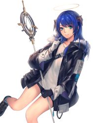 Rule 34 | 1girl, absurdres, arknights, asymmetrical gloves, bare legs, bike shorts, black footwear, black gloves, black jacket, black shorts, blue eyes, blue hair, commentary, fur-trimmed jacket, fur trim, gloves, halo, hand up, highres, holding, holding staff, horns, jacket, long hair, long sleeves, looking at viewer, mismatched gloves, mostima (arknights), oooosake, shirt, shoes, short shorts, shorts, simple background, smile, solo, staff, thighs, white background, white gloves, white shirt